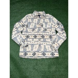 VSTR Aztec Shirt Jacket Mens Small White Blue Button Fleece Lined Long Sleeve